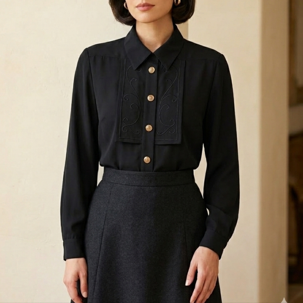 Vintage Peters & Ashley Black Embroidered Blouse Large